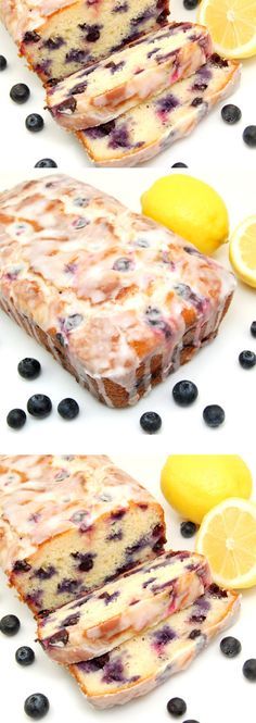 lemon blueberry bread is cut into slices and placed on top of some blackberries