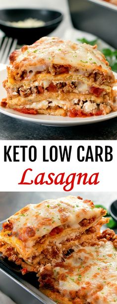 keto low carb lasagna on a plate with the title above it