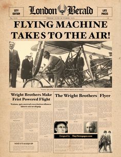 the london herald flying machine takes to the air, with an image of two men standing next