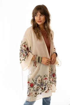 Fun In Florals Kimono - Cream | Three Bird Nest Spring Flowy Wrap Cover-up, Fall Floral Print Hippie Kimono, Beige Floral Print Beach Kimono, Fall Hippie Floral Print Kimono, Bohemian Embroidered Kimono With Kimono Sleeves, Summer Long Sleeve Kimono For Layering, Long Sleeve Summer Kimono For Layering, Summer Layering Long Sleeve Kimono, Summer Cream Long Sleeve Kimono