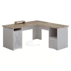 an l shaped desk with two drawers and a keyboard on the left side, is shown against a white background