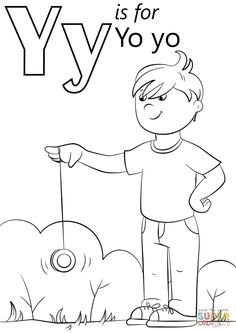 the letter y is for yoyo coloring page with an image of a boy holding a stick