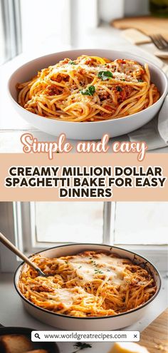 two different dishes with spaghetti in them and the words, simple and easy creamy million dollar spaghetti