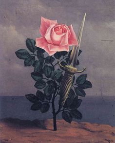 a pink rose with two swords sticking out of it's center, in front of a cloudy sky