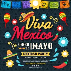 a mexican party poster with colorful decorations and lettering on black background, in the style of traditional