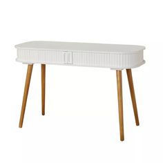 a white table with two wooden legs and a drawer on the top that is open