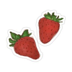 two strawberries stickers on a white background, one is red and the other is green