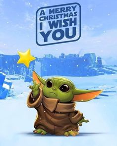 the baby yoda is holding his hand up to say merry christmas i wish you