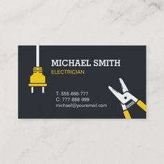 a business card for electricalian with a pair of pliers and a plugged light