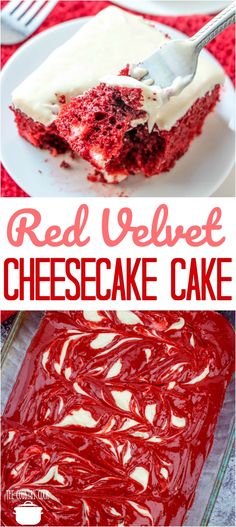 red velvet cheesecake cake with white frosting on top and the words, red velvet cheesecake cake