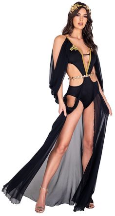 5044 - 2pc Divine Goddess Costume Leaf Belt, Black Mesh Skirt, Divine Goddess, Goddess Costume, Cutout Bodysuit, Adult Halloween Costumes, Costume Shop