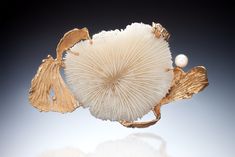 Gold & Pearl Brooche - A beautiful mushroom coral inspired the creation of this one-of-a-kind 14k gold brooch, which was first sculpted in wax before being cast in gold. Artist Mary Elwyn allowed the texture of the coral to dictate the design of its intricate setting. For a touch of added elegance, a  6mm half-drilled pegged white cultured pearl adorns the outside of the setting. 14k gold pin stem and clasp. Mushroom Coral, Gold Brooch, Gold Pin, Glass Furniture, Artful Home, Jewelry Pins, Gold Brooches, Jewel Box, Contemporary Jewelry