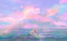 a person in a boat floating on the ocean under a sky filled with stars and clouds