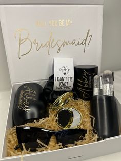 an open box with some items in it that says, you're my bridesmaid