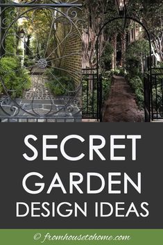 the secret garden design ideas book cover is shown with an iron gate in front of it