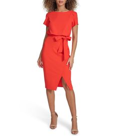 From Kensie&#x2C; this dress features: Scuba crepe fabrication Boat neckline Short tulip sleeves Wrap silhouette Tie waist Side zip closure Approx. 43 1/4" length Polyester Hand wash Imported. Tulip Sleeve, Daytime Dresses, Midi Dress Casual, Boat Neckline, Boat Neck, Wedding Guest Dress, Sheath Dress, Work Wear, Dress Shop