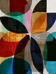 an abstract painting with many colors and shapes on it's surface, including circles