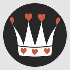 a black and red crown with hearts in the middle on a round sticker that says love