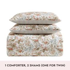 two pillows stacked on top of each other with the text comforter, 2 shams one for twin