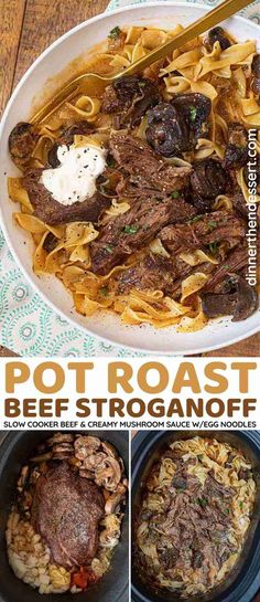 the recipe for pot roast beef stroganone is shown in three different pictures