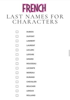 the french last names for characters list is shown in pink and white with black lettering