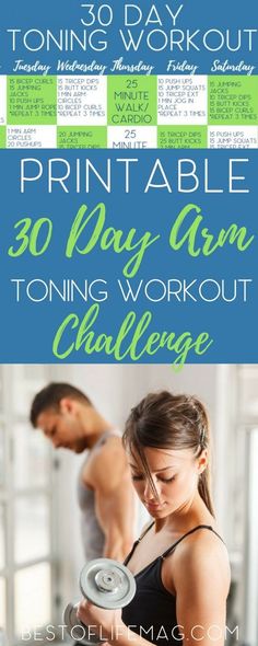 a man and woman are working out together with the text printable 30 day arm toning workout challenge