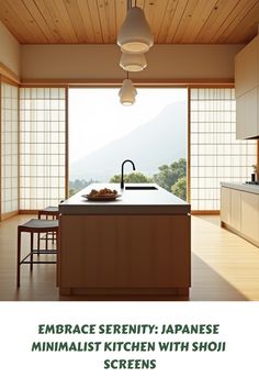 an image of a japanese kitchen with the words embrace serenty japanese minimalist kitchen with shoji screens