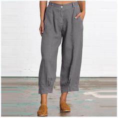 women new summer plain cotton and linen loose casual cropped pants - ootdmw.com Fashion Trousers Women, Plus Size Streetwear, Celana Fashion, Cotton Linen Pants, Cropped Linen Pants, Solid Color Pants, Trouser Pants Women, Trouser Style