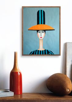 there is a painting on the wall with a woman wearing a hat