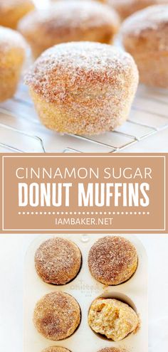 cinnamon sugar donut muffins on a cooling rack with text overlay that reads, cinnamon sugar donut muffins