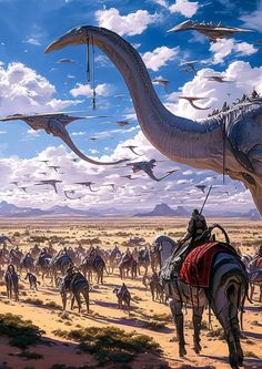 an artist's rendering of dinosaurs and camels in the desert with birds flying overhead