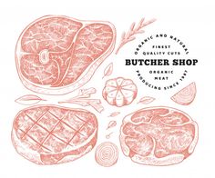 the butcher shop logo with steaks, orange slices and other meat products on it