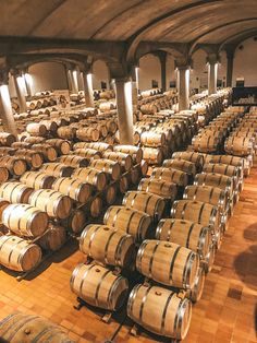 rows of wine barrels lined up in a winery