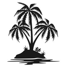 a black and white silhouette of a palm tree on an island in the middle of water