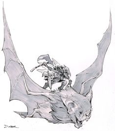 a black and white drawing of a bat with two people on it's back