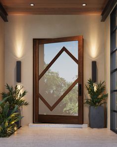 a modern entry way with two potted plants and an open door that leads to the outside