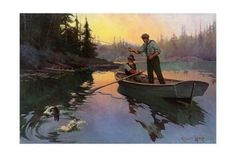 a painting of a man fishing with his son in a boat on the river at sunset