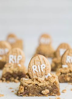 peanut butter chocolate chip cookie bars with the word rip written on them