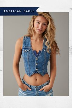 Denim/Sleeveless/V-neck/This vest is Real Good: made using cotton sourced through the Better Cotton Initiative Concert Outfits, Jean Vest Outfits, Diy Vest, Cropped Denim Vest, Coachella 2024, Vest Outfits For Women, Crop Denim Vest, Thrift Inspo, Jean Vest