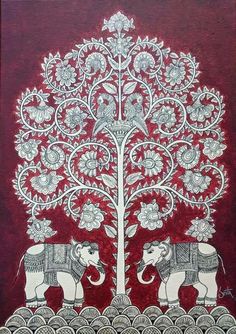 an intricately decorated tree with two elephants in the foreground, on red background