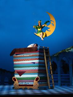 a woman is sitting on top of a bed with the moon in the sky above her