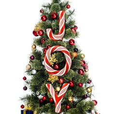 a decorated christmas tree with candy canes and ornaments on it's branches, in front of a white background