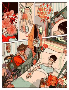 a comic strip with an image of a man in bed and flowers on the wall