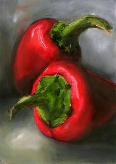 a painting of two red peppers on a gray background