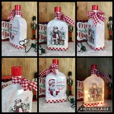 four pictures of bottles with christmas decorations on them