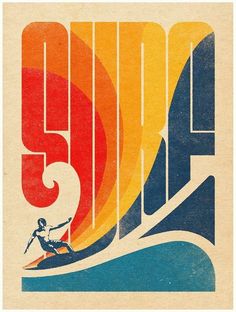 an old poster with a man surfing on the waves in front of sun and sky