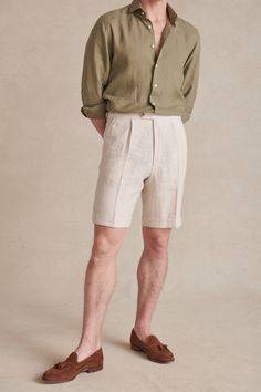 Cut from French linen, these smart sartorial shorts feature single reverse pleats, turn-ups, and traditional side adjustment tabs placed on the waistband seam in the Savile Row tradition.     100% linen  Single reverse pleats  Side adjustment tabs  Turn-ups  Dry clean only Linen Coordsets Men, Linen Shorts Outfit Men, Mens Short Pants, Blazer Men Casual, Farewell Brunch, Summer Shorts Men, Linen Shorts Men, Academia Aesthetic Outfit Men