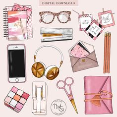 a pink background with various items that include headphones, eyeglasses and notebooks