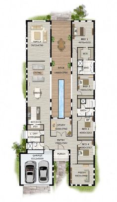 the floor plan for a two story house with an outdoor pool and patio area in the middle