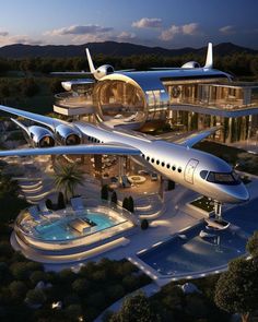 an artist's rendering of a futuristic home with a plane in the foreground